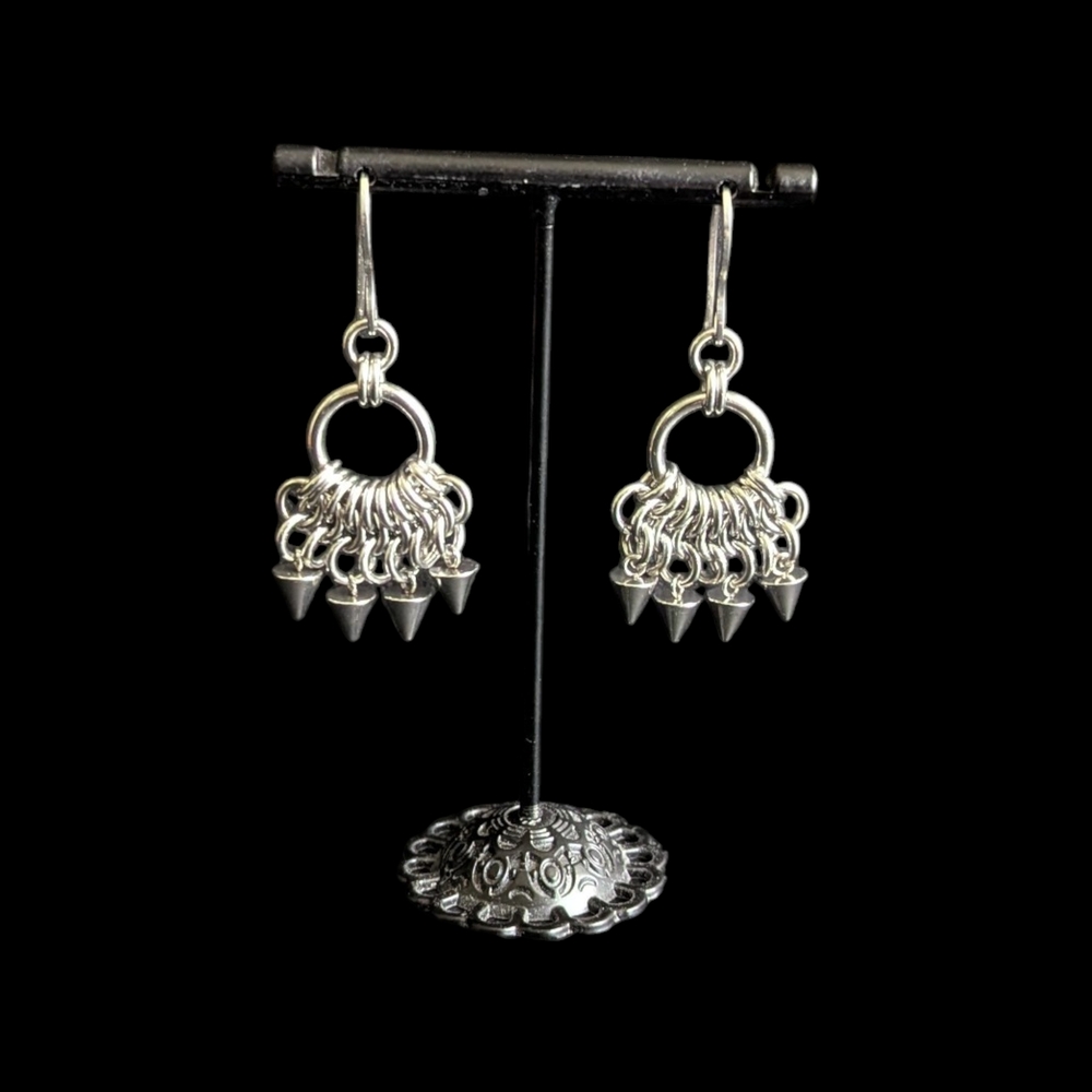 Stainless Steel Chainmaille Dangle Hoop Earrings with Spike Charms